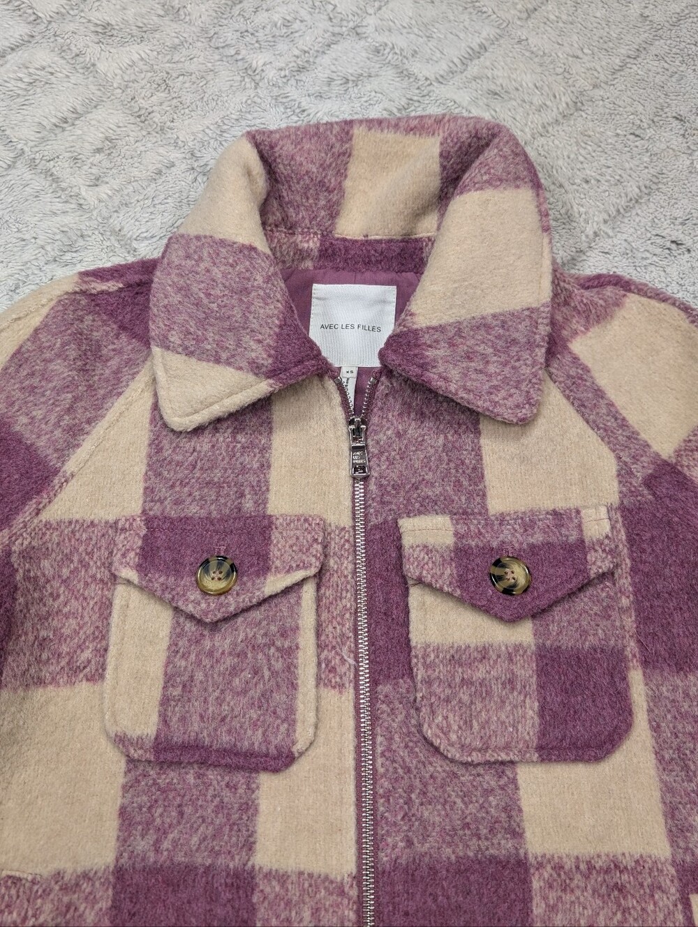 Avec Les Filles Jacket Womens XS Pink Plaid Fleece Trucker Shacket Collar Zip Up - Picture 2 of 8
